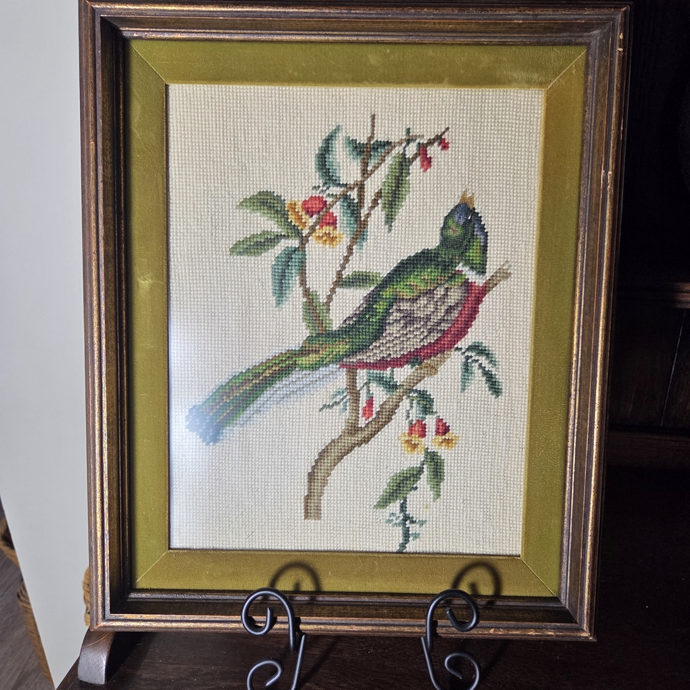 Framed Bird Embroidery Art in Brown and Green - Picture 5 of 10
